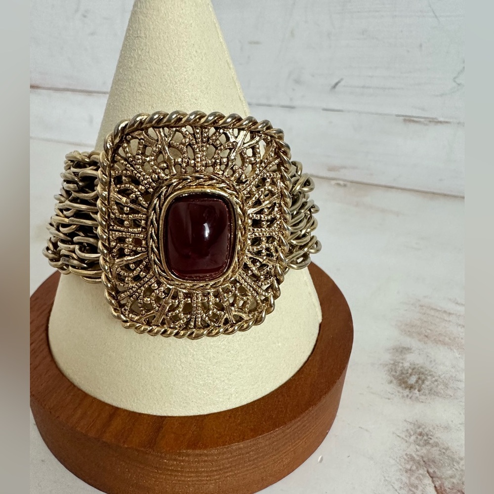VINTAGE Givenchy 6 strand gold plated with Ruby Red Cabochon Bracelet